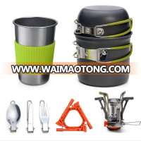 Outdoor camping pot set hiking traveling pot cookware set with gas stove tableware and cup